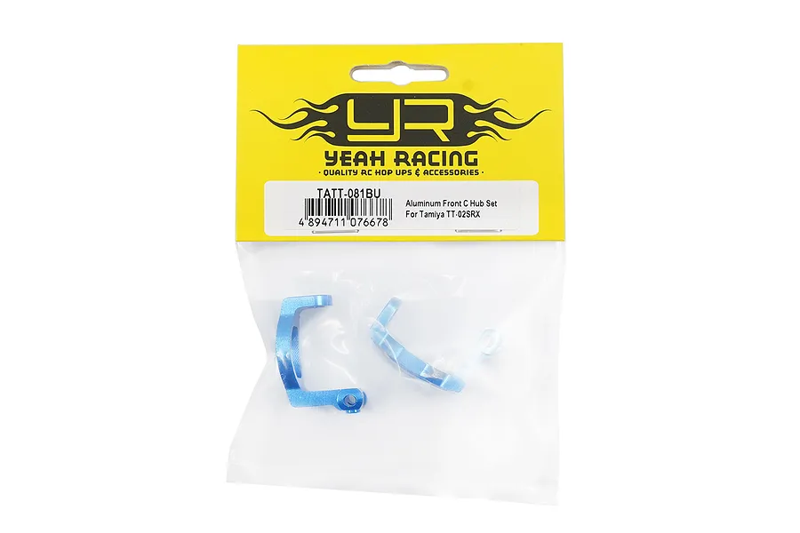 Yeah Racing blue aluminium C-hubs for Tamiya TT-02SRX in original yellow and clear plastic retail packaging.