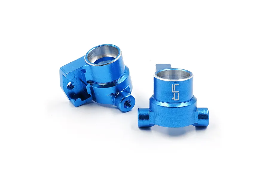 Two blue anodized aluminium steering hubs for RC cars, showing the Yeah Racing logo on one side.