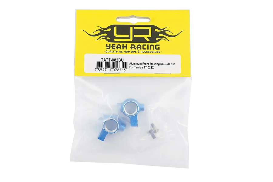 Yeah Racing TATT-082BU blue aluminium front steering knuckles for Tamiya TT-02SX in original packaging.