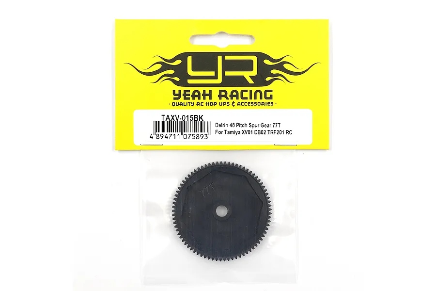 Yeah Racing 77T Delrin spur gear in original yellow and black packaging for Tamiya RC vehicles.