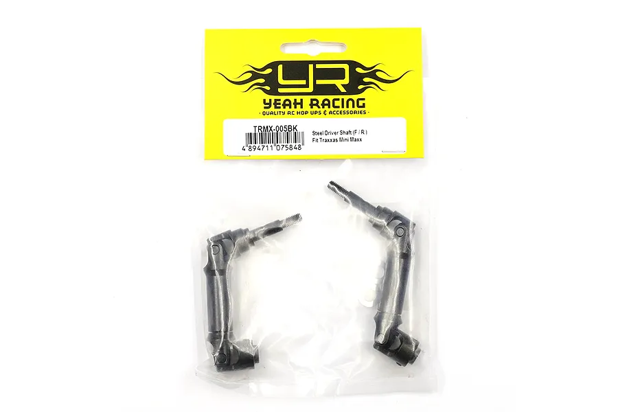 Two black steel CVD driveshafts for Traxxas Mini Maxx in Yeah Racing branded packaging.