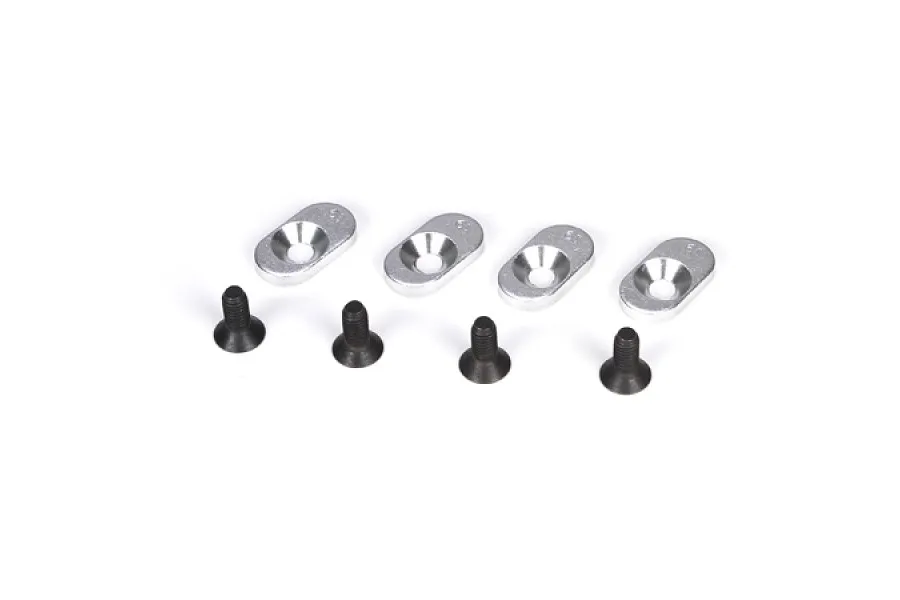 Four silver oval metal engine mount inserts and four black flat-head screws arranged on a white background.