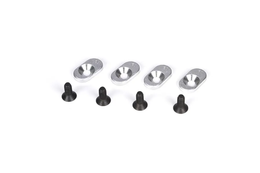 Four silver oval-shaped engine mount inserts and four black flat-head screws arranged on a white background.