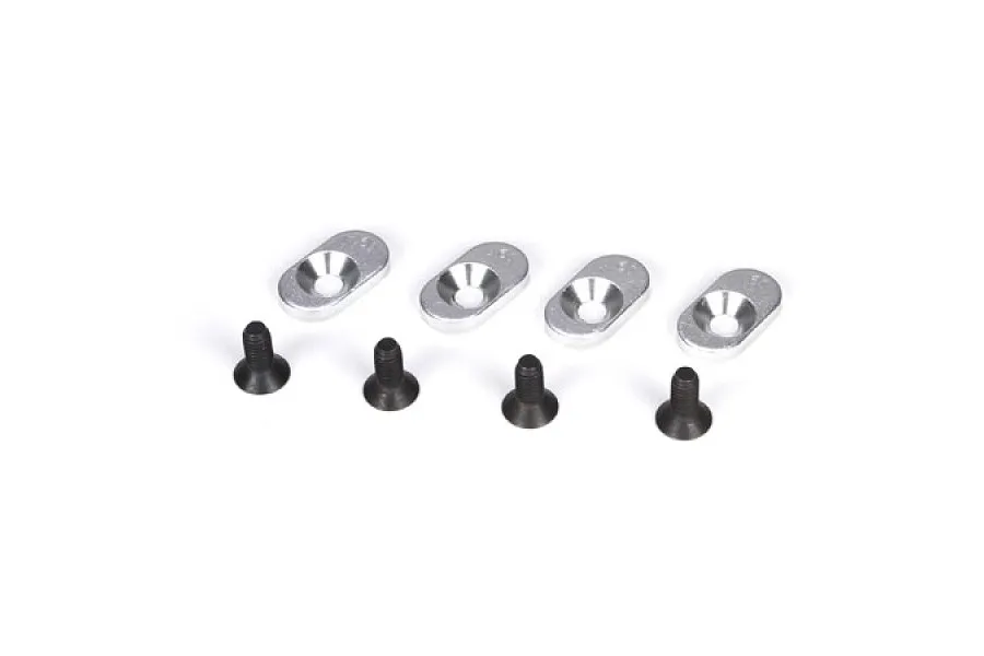 Four silver oval engine mount inserts and four black flat-head screws arranged on a white background.