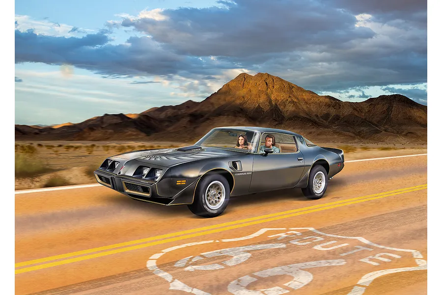An artistic illustration of a black Pontiac Firebird Trans Am driving on a desert highway with mountains in the background.