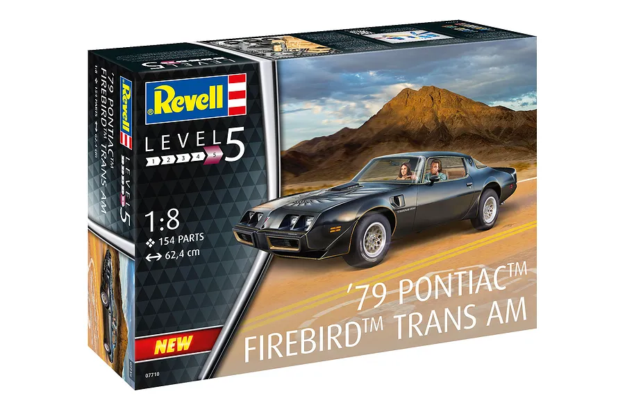 Revell 1/8 scale 1979 Pontiac Firebird Trans Am model kit box showing a black car driving on a desert road.