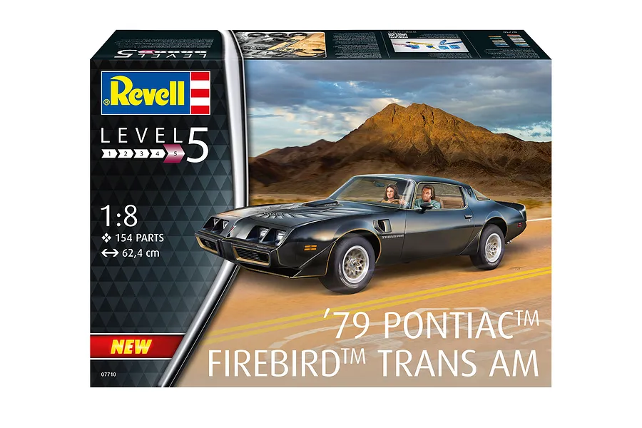 Revell 1/8 scale model kit box for a 1979 Pontiac Firebird Trans Am featuring artwork of the black car driving on a desert road.