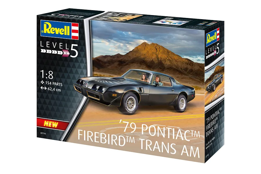 Revell 1/8 scale model kit box for a 1979 Pontiac Firebird Trans Am, featuring artwork of a black car driving on a desert road.