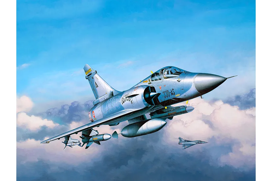 An artistic illustration of a French Dassault Mirage 2000C fighter jet flying through a cloudy blue sky, with a second smaller jet in the distance.
