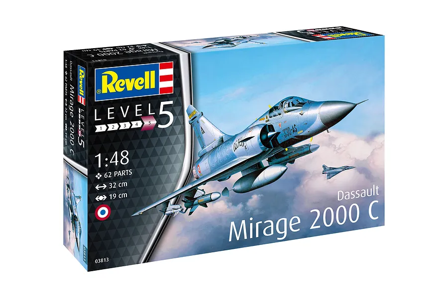 Revell 1/48 scale Dassault Mirage 2000C plastic model kit box featuring an illustration of the fighter jet in flight.