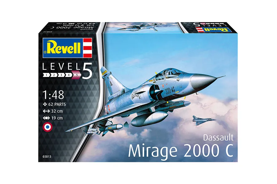Revell 1/48 scale Dassault Mirage 2000C plastic model kit box featuring an illustration of the fighter jet in flight.