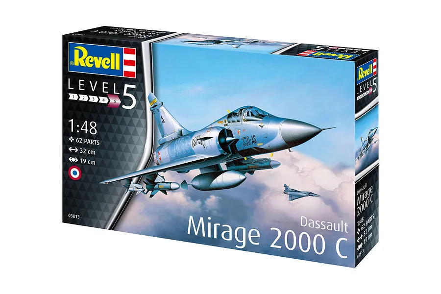 Revell 1/48 scale Dassault Mirage 2000C plastic model kit box showing an illustration of two fighter jets flying in the sky.
