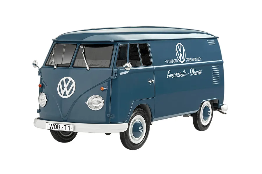 A 1/16 scale model of a blue Volkswagen T1 Panel Van with white trim and Volkswagen Porschewagen branding on the side.