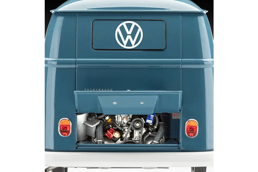 Rear view of a blue Revell 1/16 scale VW T1 Panel Van model with the engine compartment hatch open, revealing detailed engine components.