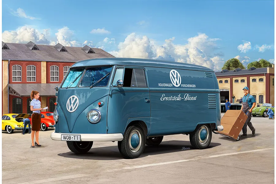 Box art illustration of a blue Volkswagen T1 Panel Van with Volkswagen Porschewagen branding parked in a workshop yard.