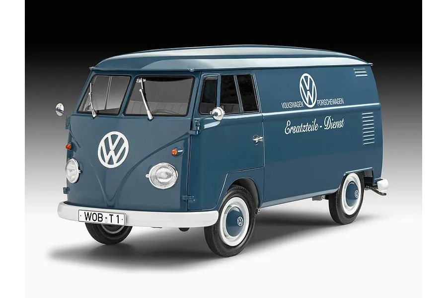 A studio shot of a 1/16 scale Revell Volkswagen T1 Panel Van model, painted blue with white trim and Volkswagen service branding on the side.
