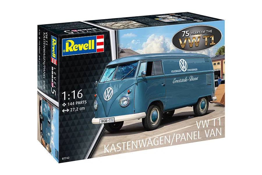 Revell 1/16 scale VW T1 Panel Van 75th Anniversary Edition model kit box showing a blue vintage Volkswagen van illustration.