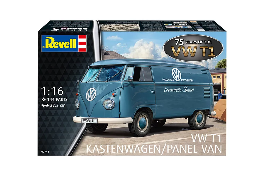 Revell 1/16 scale VW T1 Panel Van 75th Anniversary Edition model kit box showing a blue vintage Volkswagen van.