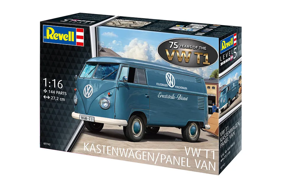 Revell 1/16 scale VW T1 Panel Van 75th Anniversary Edition model kit box showing a blue vintage Volkswagen van.
