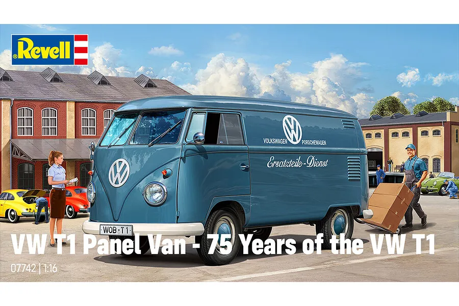 Revell 1/16 scale VW T1 Panel Van 75th Anniversary model kit box art featuring a blue vintage van in a workshop setting.