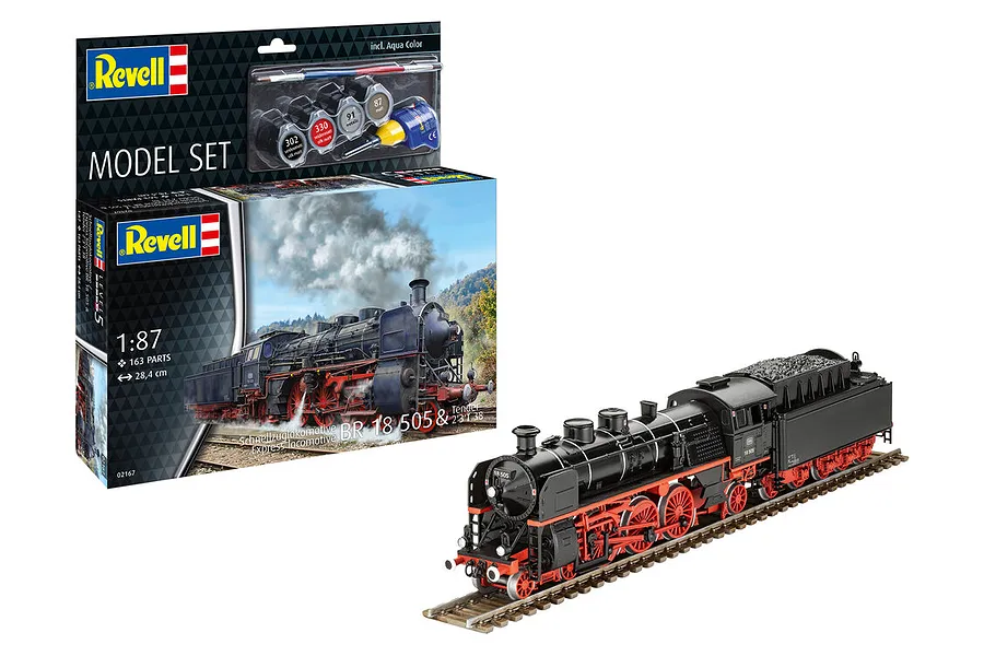Revell 1/87 scale model kit of the BR 18 505 express locomotive with tender, shown in its packaging and as a fully assembled model on tracks.