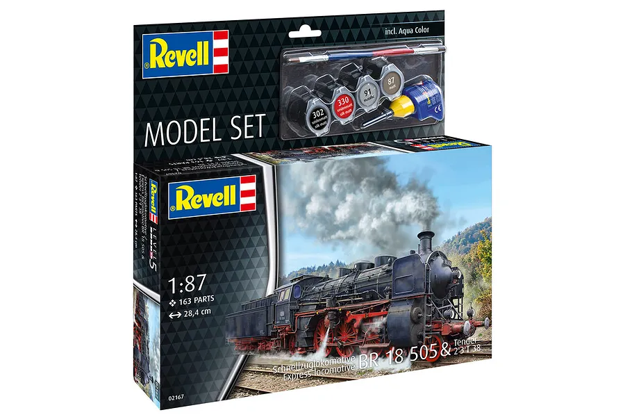 Revell 1/87 scale model kit box for the Express Loco BR 18 505 train, featuring included paint pots and a brush.