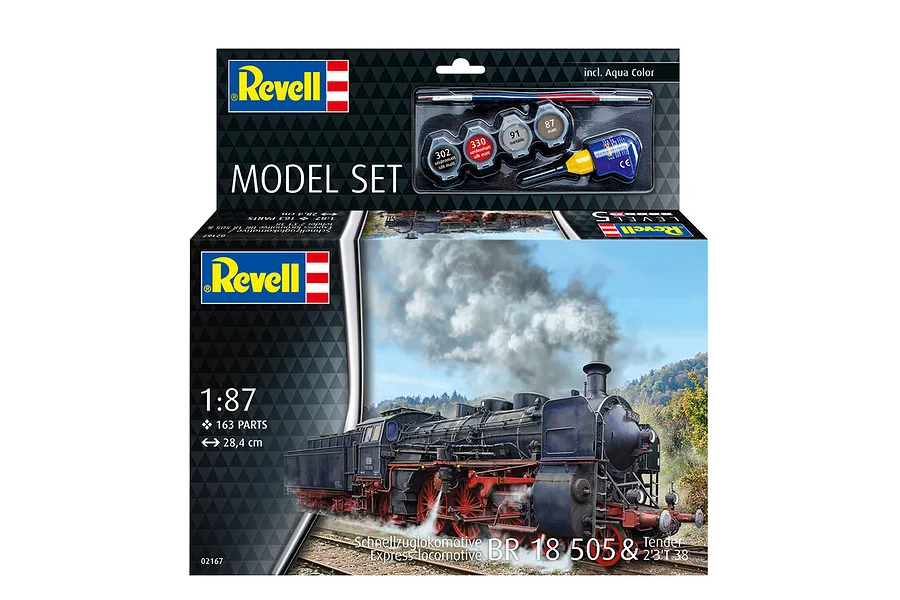 Revell 1/87 scale BR 18 505 Express Locomotive model kit box, featuring a steam train illustration and included paints, brush, and glue.