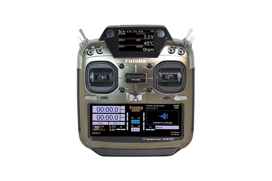 Futaba 32MZ WC 26-channel RC transmitter with dual screens showing telemetry data and airplane model settings.