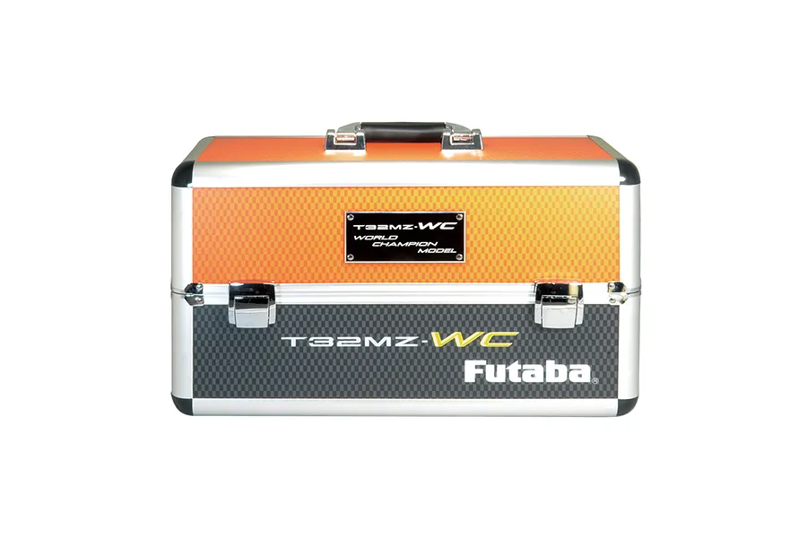 A Futaba T32MZ-WC World Champion model transmitter hard carry case with orange and carbon fiber pattern finish.