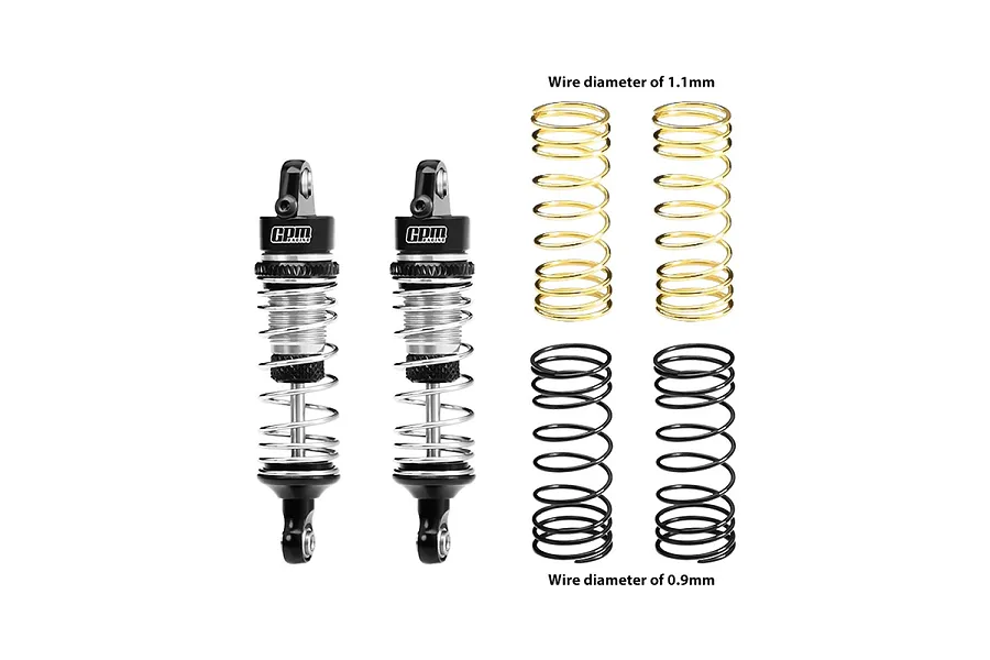 Two GPM Racing aluminium shock absorbers with extra gold and black springs on a white background.