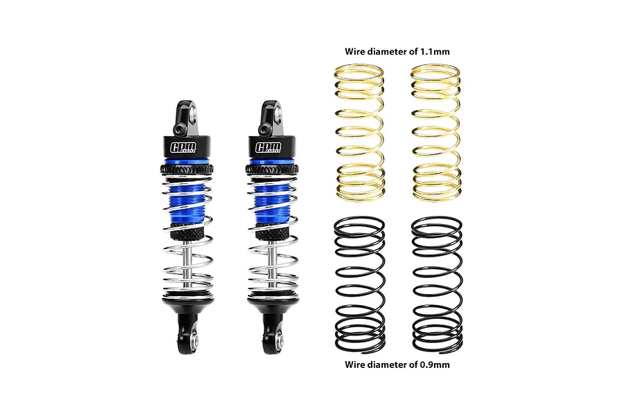 Two GPM Racing adjustable blue and black aluminium RC shock absorbers with two sets of spare springs in gold and black.