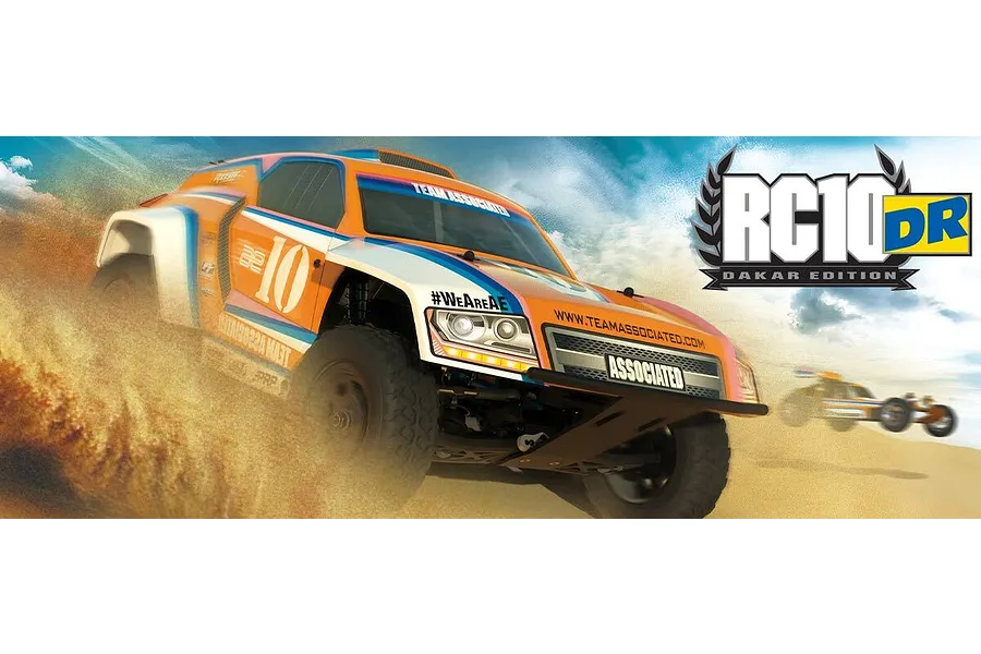 Team Associated RC10DR Dakar Rally Edition RC buggy driving through sand with a logo in the top right corner.
