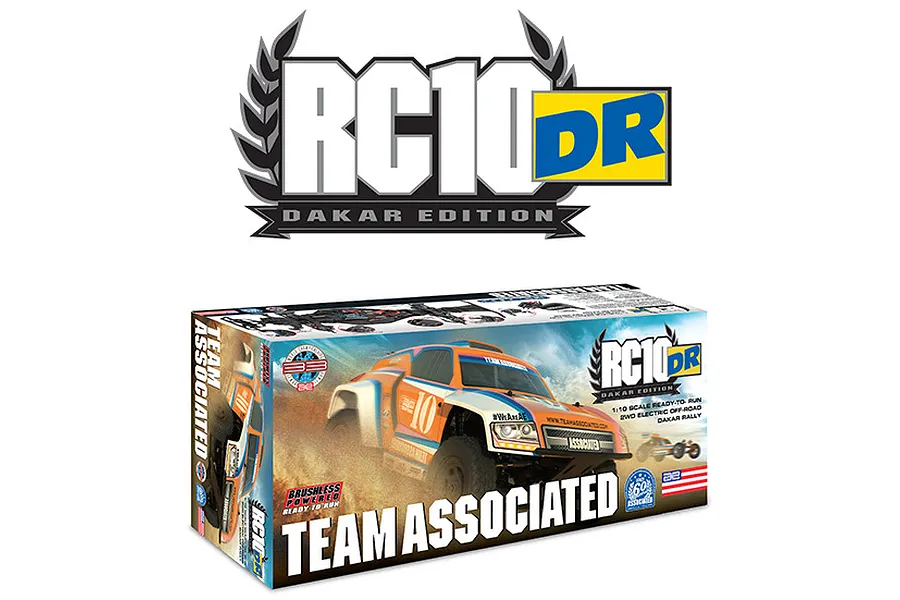 Product packaging for the Team Associated RC10DR Dakar Rally Edition 1/10 scale 2WD electric RC buggy, featuring an orange and white race livery.
