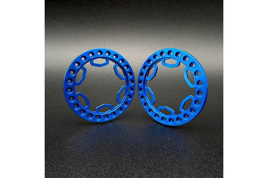 Two blue anodized aluminium beadlock rings for 1.9 inch RC wheels, featuring a circular design with multiple bolt holes and cutouts.