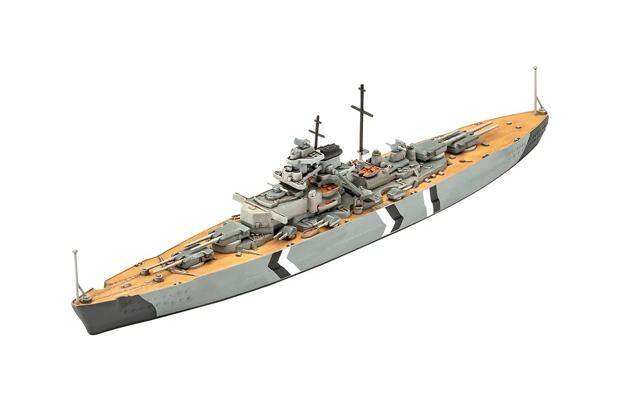 A fully assembled and painted plastic model of the German battleship Bismarck, featuring a wooden-colored deck and grey camouflage hull.