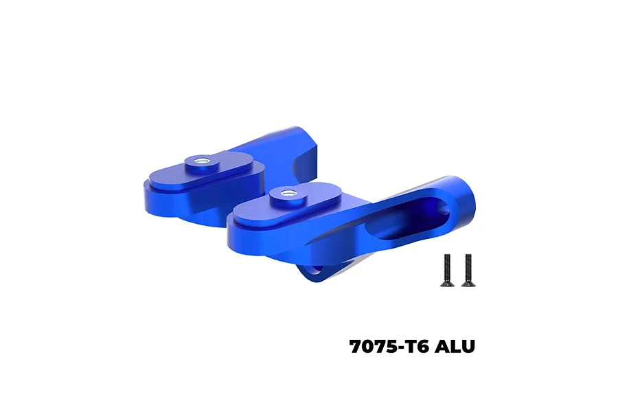 A pair of blue anodized aluminium rear wing mounts for an RC car, shown with two small black screws on a white background.