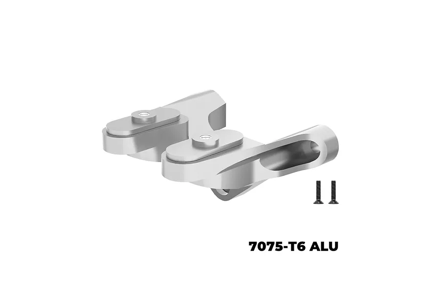 Silver GPM Racing aluminium rear wing mount for RC cars, shown with two small black screws on a white background.