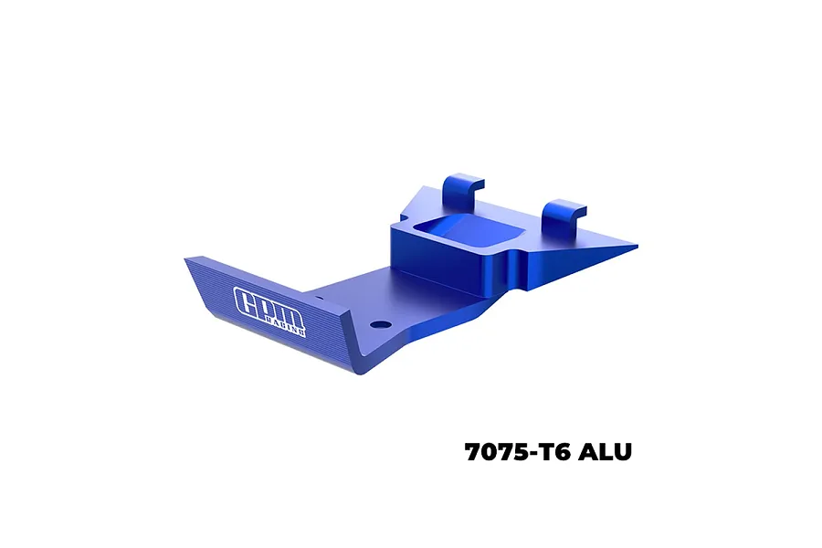 A blue anodized aluminium front skid plate for an RC car, featuring the GPM Racing logo and 7075-T6 ALU text.