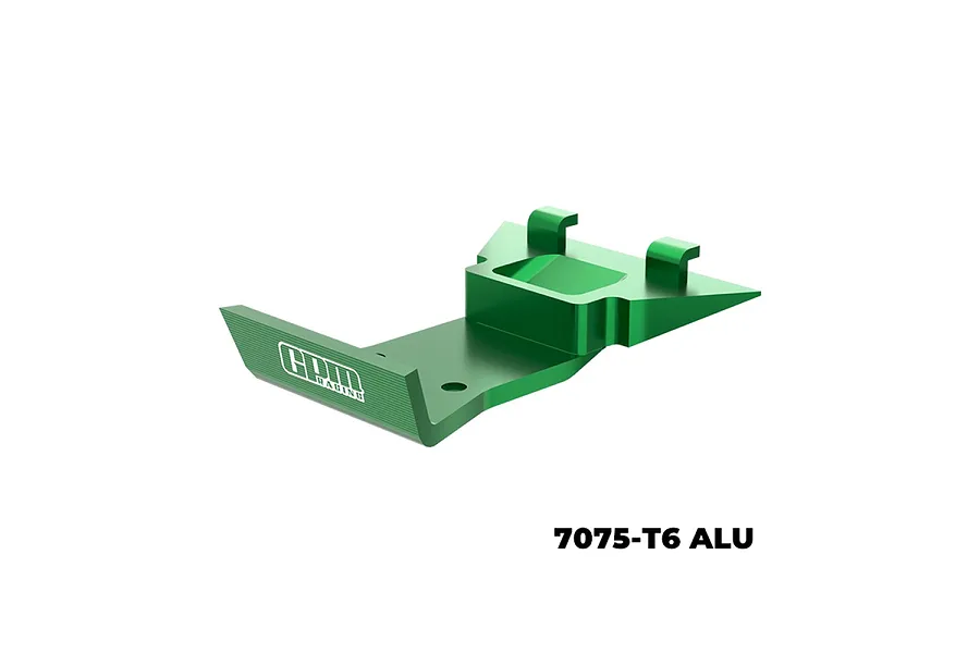 A green GPM Racing aluminium front skid plate and bumper for RC cars, featuring a machined 7075-T6 aluminium construction.