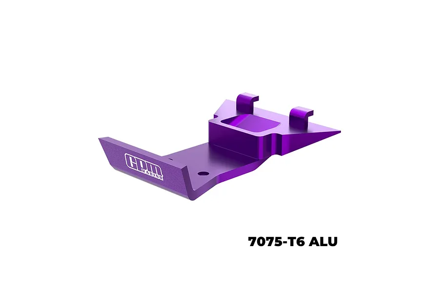 A purple anodized aluminium front skid plate and bumper for an RC car, featuring the GPM Racing logo and 7075-T6 aluminium text.