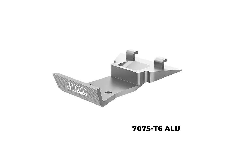 A silver GPM Racing aluminium front skid plate and bumper for RC vehicles, featuring a machined design and the GPM Racing logo.