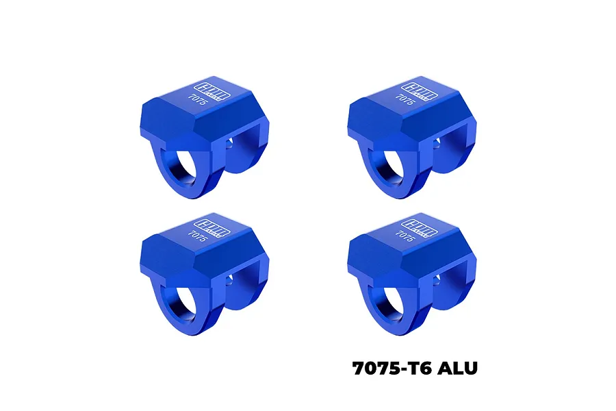 Four blue anodized aluminium GPM Racing shock cap protectors arranged in a grid against a white background.