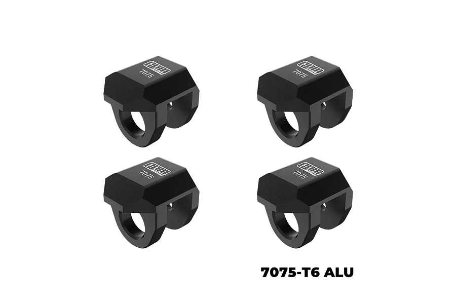 Four black GPM Racing aluminium shock cap protectors arranged in a grid against a white background.