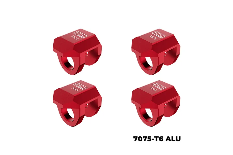 Four red anodized aluminium GPM Racing shock cap protectors arranged in a grid against a white background.