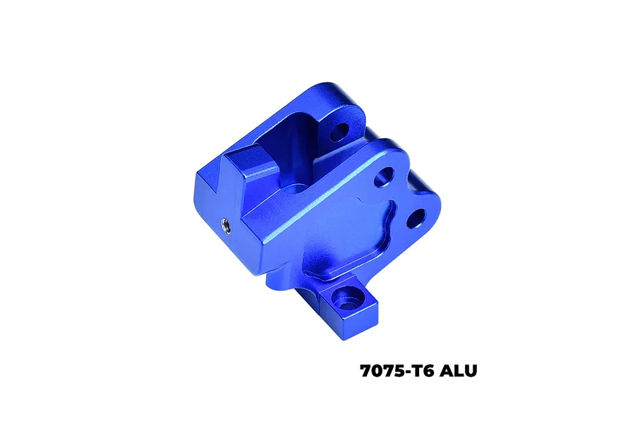 A blue anodized aluminium rear centre brace mount for an RC car, shown from a high angle against a white background.