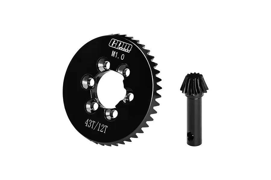 GPM Racing black steel 43T ring gear and 12T pinion gear set for RC cars, featuring spiral-cut teeth and laser-etched markings.