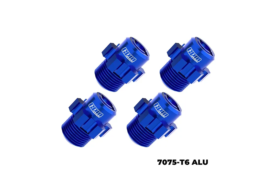 Four blue anodized aluminium GPM Racing wheel hex adapters arranged on a white background.