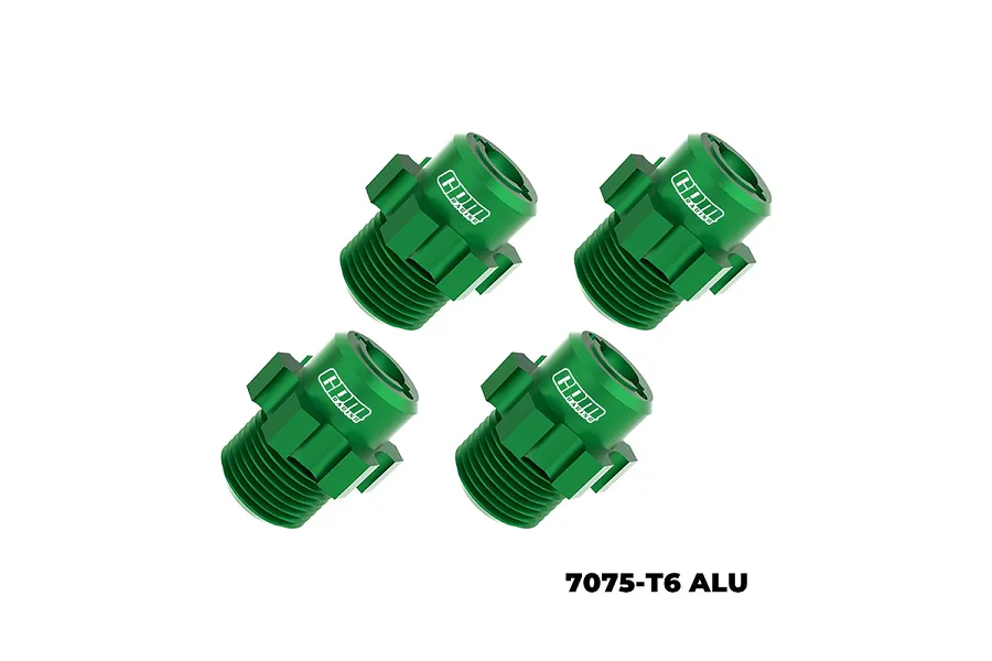 Four green anodized aluminium GPM Racing wheel hex adapters arranged on a white background.