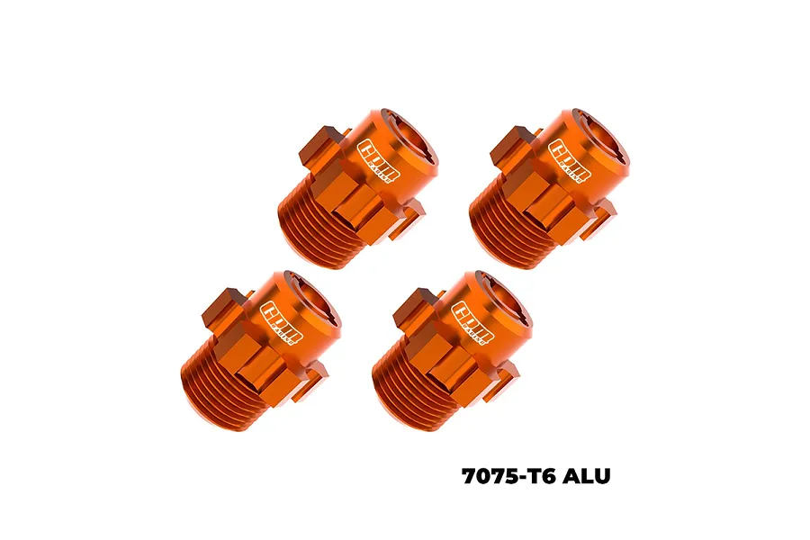 Four orange anodized aluminium wheel hex adapters for RC cars, arranged in a grid against a white background.