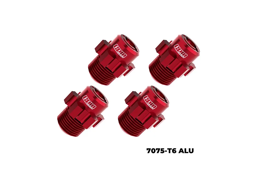Four red anodized aluminium 17mm wheel hex adapters for RC cars, featuring the GPM Racing logo, arranged on a white background.